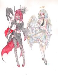 Rule 34 | 280548709, 2others, angel, angel wings, bird, black footwear, bow, cinnabar (houseki no kuni), closed eyes, closed mouth, detached sleeves, diamond (houseki no kuni), feathered wings, fishnet pantyhose, fishnets, flats, full body, garter straps, gloves, grey gloves, grey skirt, hair between eyes, hair ornament, halo, hand up, highres, holding hands, horns, houseki no kuni, leaf hair ornament, lingerie, long eyelashes, long hair, medium hair, multicolored hair, multiple others, pantyhose, pleated skirt, puffy sleeves, red bow, red footwear, red skirt, shoes, simple background, skirt, traditional media, two-tone skirt, underwear, white background, white wrist cuffs, wide sleeves, wings, wrist cuffs