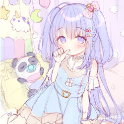 Rule 34 | 1girl, ahoge, ankle socks, bare shoulders, bib, blue dress, blush, bow, cherry hair ornament, commentary request, crescent, dress, food-themed hair ornament, hair between eyes, hair bow, hair ornament, heart, long hair, no shoes, original, pacifier, pink bow, purple eyes, purple hair, sketch, sleeveless, sleeveless dress, socks, solo, star (symbol), star hair ornament, stuffed animal, stuffed panda, stuffed toy, thumb sucking, twitter username, two side up, unfinished, usashiro mani, very long hair, white bow, white socks