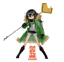 Rule 34 | 1girl, belt, black footwear, black gloves, black scarf, black shorts, bolo tie, boots, carrying over shoulder, chrogire/girection, circle name, closed mouth, coat, commentary request, dent, full body, fur-trimmed coat, fur trim, gloves, goggles, goggles on head, green coat, grey belt, holding, holding sign, knee boots, kokaki mumose, legs apart, light blush, long hair, looking at viewer, open clothes, open coat, print shirt, road sign, scarf, shirt, shorts, shorts rolled up, sign, solo, standing, translation request, vet (chrogire), white shirt, yellow eyes