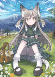 Rule 34 | 1girl, absurdres, ahoge, animal ear fluff, animal ears, black footwear, blue sky, bow, bow panties, buttons, capelet, cloud, daisy, day, double-breasted, dress, field, flower, foreshortening, fox ears, fox girl, fox tail, frilled dress, frills, full body, grass, green capelet, green dress, green ribbon, hair between eyes, hair ribbon, hands on own knees, highres, izayoi cha, knees together feet apart, knees up, landscape, long hair, looking at viewer, mountain, nature, neck ribbon, original, outdoors, panties, pantyshot, parted lips, raised eyebrows, ribbon, shoes, sidelocks, sitting, sky, socks, solo, tail, tree, two side up, underwear, variant set, white flower, white panties, white socks, wicker basket, windmill