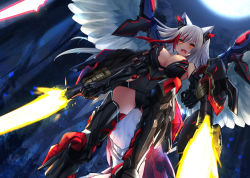 Rule 34 | 1girl, animal ears, armored boots, bare shoulders, black choker, black gloves, black panties, blonde hair, blush, boots, breasts, choker, cleavage, elbow gloves, feathered wings, fox ears, from below, gloves, horns, large breasts, long hair, looking at viewer, multicolored hair, night, orange eyes, original, outdoors, panties, solo, streaked hair, thigh boots, thighhighs, underwear, white wings, wings, yoshizawa tsubaki