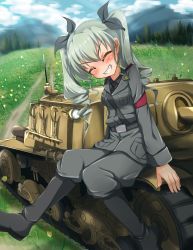 Rule 34 | 10s, 1girl, anchovy (girls und panzer), bad id, bad pixiv id, belt, black footwear, black shirt, black skirt, blouse, blush, boots, closed eyes, cloud, cloudy sky, day, dress shirt, drill hair, full body, girls und panzer, grass, green hair, grey jacket, grey pants, grin, hair ribbon, highres, jacket, knee boots, kurokoshou (emuburemu123), long hair, long sleeves, military, military uniform, military vehicle, motor vehicle, mountain, necktie, outdoors, pants, pants tucked in, red eyes, ribbon, shirt, sitting, skirt, sky, smile, solo, tank, twin drills, twintails, uniform