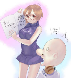 1boy 1girl bald blue_shirt blue_skirt book brown_eyes brown_hair bug clothes_writing commentary glasses highres holding holding_book imomushi_(pixiv_13874680) irankotoshi_mushi kaishain_(rhythm_tengoku) long_nose looking_at_another minna_no_rhythm_tengoku nervous nervous_smile nervous_sweating open_book open_mouth rhythm_tengoku shirt short_hair skirt sleeveless smile spider surprised sweat tosho_girls white_background