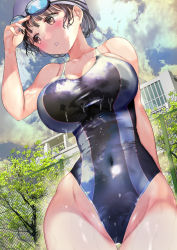 Rule 34 | 1girl, absurdres, black hair, black one-piece swimsuit, blue sky, blush, breasts, building, cleavage, cloud, commentary request, competition swimsuit, covered navel, goggles, goggles on head, highleg, highleg swimsuit, highres, large breasts, looking to the side, mole, mole under eye, navel, ogata tei, one-piece swimsuit, original, outdoors, parted lips, short hair, sky, solo, swimsuit, thighs, wet, wet clothes, wet swimsuit, white headwear