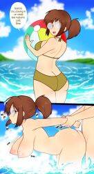 Rule 34 | ball, beach, beachball, bikini, bouncing breasts, breasts, brown eyes, brown hair, english text, fio germi, glasses, highres, large breasts, marco rossi, metal slug, nude, ocean, outdoors, scocks4you, sex, sex from behind, swimsuit, tongue, tongue out