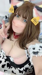 Rule 34 | 1girl, animal ears, animal print, asian, breasts, brown hair, chouzuki maryou, cleavage, collar, corset, cow ears, cow girl, cow print, highres, large breasts, looking at viewer, makeup, mask, photo (medium), plump, solo, v