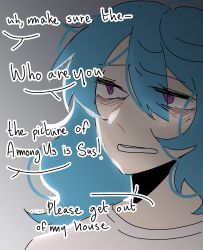 Rule 34 | 1girl, absurdres, among us, blue hair, commentary, english commentary, english text, gradient background, grey background, haniyasushin keiki, highres, medium hair, messy hair, open mouth, pandelia, purple eyes, shirt, solo, touhou, white shirt