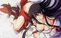 Rule 34 | 1girl, absurdres, arm support, bed sheet, black hair, blue eyes, blush, boots, breasts, cleavage, hakama, hakama skirt, high heel boots, high heels, highres, japanese clothes, kinmedai pink, large breasts, long hair, lying, miko, nipple slip, nipples, non-web source, off shoulder, oharai onee-san!, red hakama, shinonome otoka, shoes, skirt, solo, undressing