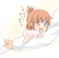 Rule 34 | 10s, 1girl, aged down, alternate costume, brown eyes, brown hair, check translation, commentary request, folded ponytail, gale kawaii, gradient background, inazuma (kancolle), kantai collection, long hair, long sleeves, lowres, ponytail, solo focus, tearing up, tears, translation request, wavy mouth