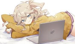 Rule 34 | 1girl, :3, absurdres, antenna hair, blue eyes, blue nails, blush, brown hair, cardigan, commentary request, computer, cowboy shot, fang, head on pillow, highres, kasukabe tsukushi (artist), kasukabe tsumugi, laptop, long hair, long sleeves, looking at screen, lying, messy hair, miniskirt, mole, mole under eye, on side, pleated skirt, purple skirt, second-party source, side ponytail, simple background, skin fang, skirt, smile, solo, uneven eyes, voicevox, white background, yellow cardigan