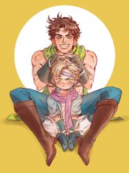Rule 34 | 2boys, age regression, aged down, battle tendency, blonde hair, blue eyes, blush, boots, brown hair, caesar anthonio zeppeli, child, crop top, denim, facial mark, feather hair ornament, feathers, fingerless gloves, gendou pose, gloves, green eyes, grin, hair ornament, hands clasped, headband, homil22, jeans, jojo no kimyou na bouken, joseph joestar, joseph joestar (young), knee boots, male focus, midriff, multiple boys, own hands clasped, own hands together, pants, scarf, smile, striped clothes, striped scarf, sweat, triangle print