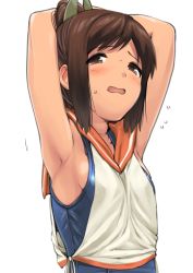 Rule 34 | 10s, 1girl, armpits, arms behind head, arms up, blush, brown eyes, brown hair, flat chest, i-401 (kancolle), kantai collection, looking at viewer, one-piece swimsuit, open mouth, ponytail, presenting armpit, sailor collar, school swimsuit, school uniform, shiden (sashimi no wife), short ponytail, solo, swimsuit, swimsuit under clothes, tan, tanline