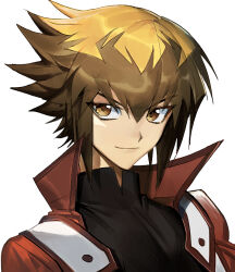 Rule 34 | 1boy, black shirt, brown eyes, brown hair, cocaduel, duel academy uniform (yu-gi-oh! gx), jacket, looking at viewer, male focus, multicolored hair, open clothes, open jacket, red jacket, shirt, short hair, simple background, smile, solo, upper body, white background, yu-gi-oh!, yu-gi-oh! gx, yuki judai