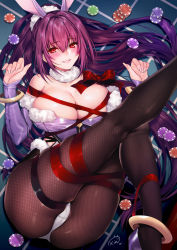 Rule 34 | 1girl, animal ears, anklet, artist name, ass, bare shoulders, blush, breasts, cameltoe, chips (food), cleavage, detached collar, detached sleeves, fake animal ears, fate/grand order, fate (series), fingernails, fishnet pantyhose, fishnets, folded, food, fur-trimmed sleeves, fur collar, fur trim, grin, hair ornament, hair scrunchie, half-closed eyes, high heels, high ponytail, highleg, highleg leotard, highres, jewelry, large breasts, leotard, lips, long fingernails, long hair, looking at viewer, lying, obiwan, pantyhose, parted lips, playboy bunny, poker chip, ponytail, purple hair, purple leotard, rabbit ears, red eyes, red ribbon, revision, ribbon, scathach (fate), scathach skadi (fate), scrunchie, signature, skindentation, sleeves past wrists, smile, solo, strapless, strapless leotard, thigh strap, thighs, very long hair