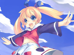 Rule 34 | 1990s (style), 1girl, :d, blonde hair, blue eyes, blue sky, cloud, day, fushigi mahou fun fun pharmacy, long sleeves, looking at viewer, mikage sekizai, navel, open mouth, outstretched arms, popuri, popuri (fushigi mahou fun fun pharmacy), skirt, sky, smile, solo, stomach, twintails, white skirt