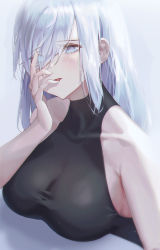 Rule 34 | 1girl, bare shoulders, blue eyes, blush, bodysuit, breasts, commentary request, covered collarbone, eyes visible through hair, genshin impact, hair over one eye, hand on own face, hand up, highres, large breasts, long hair, looking at viewer, moda (mo da 3), shenhe (genshin impact), sideboob, sleeveless, solo, straight hair, taut bodysuit, upper body