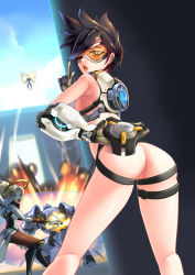Rule 34 | 1boy, 3girls, adapted costume, ass, brown hair, censored, earrings, from behind, goggles, halo, hm (hmongt), jewelry, looking back, mechanical halo, mechanical wings, mercy (overwatch), multiple boys, multiple girls, outdoors, overwatch, overwatch 1, pharah (overwatch), pussy, reinhardt (overwatch), short hair, spiked hair, tracer (overwatch), wings