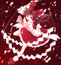 Rule 34 | 1girl, bow, brown hair, detached sleeves, full body, gohei, gradient background, hair ornament, hair ribbon, hair tubes, hakurei reimu, highres, long hair, long sleeves, narira, ofuda, open mouth, outstretched arms, red background, red eyes, ribbon, sash, shirt, shoes, skirt, skirt set, socks, solo, touhou, white socks, wide sleeves