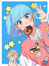 Rule 34 | 1girl, blue eyes, blue hair, border, collarbone, commentary request, doughnut, earrings, edomon-do, food, food-themed earrings, food in mouth, grey shirt, highres, holding, holding food, jacket, jewelry, letterman jacket, long sleeves, mochi (mona lisa no zaregoto), mona lisa no zaregoto, one side up, shirt, short hair, sora (mona lisa no zaregoto), upper body, white border
