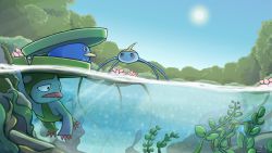 Rule 34 | absurdres, afloat, black eyes, blue sky, claws, commentary request, creature, creatures (company), day, forest, full body, game freak, gen 3 pokemon, highres, kou osmtaka, lombre, lotad, nature, nintendo, no humans, outdoors, partially submerged, plant, pokemon, pokemon (creature), signature, sky, sun, surskit, tree, water