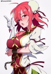 Rule 34 | 1girl, ahoge, arm under breasts, bandaged arm, bandages, blush, breasts, bun cover, cuffs, double bun, hair between eyes, hair bun, highres, ibaraki kasen, index finger raised, large breasts, looking at viewer, open mouth, pink eyes, pink hair, shackles, short hair, short sleeves, simple background, solo, sweatdrop, tabard, touhou, twitter username, upper body, white background, yoshinatsu