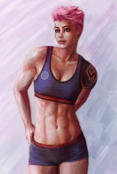 Rule 34 | 1girl, abs, absurdres, bike shorts, breasts, casual, cowboy shot, facing viewer, green eyes, hellishburn, highres, light smile, lips, looking away, medium breasts, muscular, muscular female, navel, nose, overwatch, overwatch 1, parted lips, pink hair, realistic, scar, short hair, solo, sports bra, tattoo, toned, zarya (overwatch)