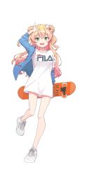 Rule 34 | 1girl, absurdres, alternate costume, blonde hair, blue jacket, double bun, fang, fila, flower, gradient hair, green eyes, hair bun, hair flower, hair ornament, highres, holding, holding skateboard, hololive, jacket, long hair, looking at viewer, momosuzu nene, multicolored hair, nail polish, no pants, open mouth, pink hair, quarterlift, red neckwear, shirt, shoes, simple background, skateboard, skateboard behind back, smile, sneakers, solo, t-shirt, teeth, two side up, upper teeth only, v-shaped eyebrows, virtual youtuber, w, white background, white footwear, white shirt