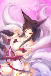 Rule 34 | 1girl, :p, ahri (league of legends), animal ears, bare shoulders, between breasts, black hair, breasts, brown eyes, candy, chocolate, chocolate heart, cleavage, covered navel, dated, facial mark, food, food on face, fox ears, fox tail, garter belt, heart, highres, large breasts, league of legends, loiza, long hair, multiple tails, paw pose, signature, solo, tail, tongue, tongue out