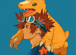 Rule 34 | 1boy, agumon, blouse, blue background, blue shirt, brown hair, closed mouth, commentary, digimon, digimon (creature), digimon adventure, english commentary, from side, goggles, goggles on head, green eyes, highres, looking afar, male focus, open mouth, red eyes, sharp teeth, shirt, short hair, simple background, solo, spiked hair, star (symbol), teeth, thick eyebrows, tongue, upper body, vulpetrope, yagami taichi