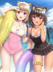 Rule 34 | 2girls, :d, animal ear fluff, animal ears, armlet, beach, black hair, black one-piece swimsuit, blue sky, blunt bangs, breasts, bridal garter, casual one-piece swimsuit, cat ears, cat girl, cat tail, cloud, collarbone, commentary request, dark-skinned female, dark skin, day, fang, frilled one-piece swimsuit, frills, hairband, highres, innertube, jewelry, light brown hair, looking at viewer, maid headdress, medium breasts, multiple girls, neck ring, one-piece swimsuit, open mouth, original, outdoors, pendant, pink eyes, pink one-piece swimsuit, purple eyes, sasaame, scrunchie, short hair, skin fang, sky, smile, swim ring, swimsuit, tail, thigh scrunchie, thighs, underbust, water, wrist scrunchie, yellow hairband