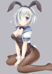 Rule 34 | 10s, 1girl, adapted costume, animal ears, black pantyhose, breasts, cleavage, eyes visible through hair, fake animal ears, hair ornament, hair over one eye, hairband, hairclip, hamakaze (kancolle), heart, kantai collection, leotard, nikoo, pantyhose, playboy bunny, rabbit ears, rabbit tail, short hair, silver hair, simple background, sitting, solo, tail, wariza, wrist cuffs