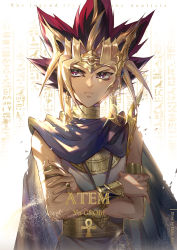 Rule 34 | 1boy, ankh, armlet, artist name, atem, backlighting, black hair, blonde hair, blue cape, bracelet, cape, character name, closed mouth, collar, commentary, crossed arms, earrings, egyptian clothes, ekita kuro, english commentary, english text, glint, hieroglyphics, highres, jewelry, looking to the side, male focus, metal collar, millennium puzzle, multicolored hair, purple eyes, red hair, ring, serious, sideways glance, solo, spiked hair, upper body, yu-gi-oh!, yu-gi-oh! duel monsters