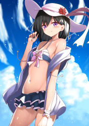 Rule 34 | 1girl, bare shoulders, bikini, bikini skirt, bikini under clothes, black bikini, black hair, blush, bow, breasts, cloud, commentary request, day, flower, from below, from side, hat, hat flower, highres, jacket, looking at viewer, mahcdai, navel, off-shoulder jacket, off shoulder, original, outdoors, pink bow, pink hat, purple eyes, red flower, small breasts, smile, solo, swimsuit, white jacket