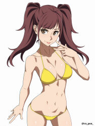 Rule 34 | 1girl, bikini, breasts, brown eyes, brown hair, cleavage, collarbone, commentary request, highres, kujikawa rise, long hair, looking at viewer, medium breasts, partial commentary, persona, persona 4, ra-pen, simple background, solo, swimsuit, tongue, tongue out, twintails, twitter username, v, white background, yellow bikini