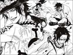 Rule 34 | 1boy, angry, axe, boots, freckles, hat, jolly roger, knife, lily (artist), male focus, monochrome, multiple views, one piece, open clothes, open shirt, outline, pirate, portgas d. ace, shirt, stampede string, tattoo, thigh strap, weapon