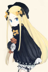 Rule 34 | 1girl, abigail williams (fate), black bow, black dress, black hat, blonde hair, bloomers, blue eyes, blush, bow, brown background, bug, butterfly, commentary request, dress, fate/grand order, fate (series), forehead, hair bow, hat, highres, hugging object, insect, long hair, long sleeves, looking at viewer, orange bow, paprika shikiso, parted bangs, parted lips, simple background, sleeves past fingers, sleeves past wrists, solo, stuffed animal, stuffed toy, teddy bear, underwear, very long hair, white bloomers