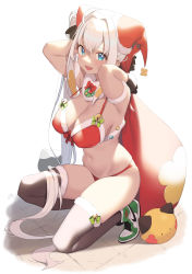 Rule 34 | 1girl, absurdres, ahoge, bikini, black gloves, blue eyes, breasts, christmas, cloba, fang, gloves, green footwear, grey thighhighs, hat, highres, large breasts, long hair, looking at viewer, navel, on one knee, open mouth, original, red bikini, red hat, santa hat, shoes, signature, simple background, skin fang, smile, solo, swimsuit, thighhighs, very long hair, white background, white hair