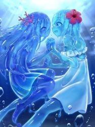 Rule 34 | 2girls, bare shoulders, blue eyes, blue hair, blue skin, breasts, clownfish, colored skin, curss, dress, fish, highres, holding hands, long hair, monster girl, multiple girls, slime girl, small breasts, smile, see-through body, underwater, white dress, yuri
