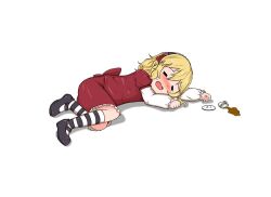 Rule 34 | 1girl, back bow, black footwear, blonde hair, blush, bow, closed eyes, commentary, cup, dress, english commentary, fainted, hairband, idolmaster, idolmaster cinderella girls, long sleeves, medium hair, meme, mrhunking, open mouth, parody, red dress, sakurai momoka, saucer, shoes, sidelocks, socks, solo, striped clothes, striped socks, teacup, wavy hair, white background, white sleeves