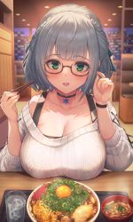 Rule 34 | 1girl, bare shoulders, blush, braid, breasts, cleavage, collarbone, crown braid, food, glasses, green eyes, grey hair, highres, hololive, large breasts, long sleeves, looking at viewer, makamati, off-shoulder sweater, off shoulder, open mouth, shirogane noel, shirogane noel (casual), short hair, smile, solo, sweater, table, virtual youtuber, white sweater
