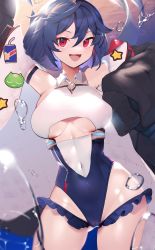 Rule 34 | 1girl, :d, aiushi (lovecowjp), allen m. sumner (azur lane), arm strap, arm up, armpits, azur lane, bad id, bad pixiv id, badge, bare shoulders, black coat, black leotard, blue hair, breasts, button badge, clothing cutout, coat, collared leotard, commentary request, covered navel, cowboy shot, frilled leotard, frills, groin, hair between eyes, highres, large breasts, leotard, long hair, long sleeves, looking at viewer, low twintails, off shoulder, open clothes, open coat, open mouth, partial commentary, red eyes, sidelocks, signature, sleeves past fingers, sleeves past wrists, smile, solo, standing, thigh strap, twintails, two-tone leotard, underboob, underboob cutout, water drop, white leotard