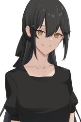 Rule 34 | 1girl, act (xadachit), black hair, black shirt, breasts, closed mouth, collarbone, dandelion (girls&#039; frontline), girls&#039; frontline, hair ornament, hairclip, long hair, looking at viewer, shirt, smile, solo, upper body, white background, yellow eyes