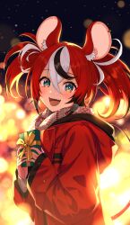 Rule 34 | 1girl, absurdres, alternate costume, animal ears, blue eyes, coat, commentary, corsetman, gift, hakos baelz, highres, holding, holding gift, hololive, hololive english, mouse ears, mouse tail, multicolored hair, night, red hair, scarf, sharp teeth, streaked hair, tail, teeth, twintails, virtual youtuber, winter clothes, winter coat
