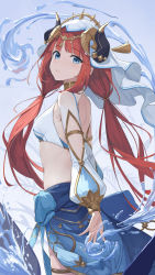 Rule 34 | 1girl, absurdres, armpit crease, back, back cutout, beten, blue eyes, blue skirt, blunt bangs, breasts, closed mouth, clothing cutout, cowboy shot, crop top, floating hair, forehead jewel, from side, genshin impact, gold choker, gold trim, harem outfit, highres, horns, jewelry, long hair, long sleeves, low twintails, neck ring, nilou (genshin impact), parted bangs, puffy long sleeves, puffy sleeves, red hair, shirt, skirt, small breasts, smile, solo, tassel, thighlet, twintails, vambraces, veil, water, white headdress, white shirt