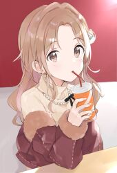 Rule 34 | 1girl, blurry, brown eyes, brown hair, brown jacket, cup, depth of field, disposable cup, dot nose, drinking, drinking straw, elbow on table, fur-trimmed jacket, fur trim, hair bun, hair ornament, hand up, highres, ichikawa hinana, idolmaster, idolmaster shiny colors, jacket, jewelry, long hair, long sleeves, looking at viewer, monon tulle, mouth hold, necklace, off shoulder, on chair, parted bangs, pearl necklace, shirt, single hair bun, single side bun, sitting, solo, table, yellow shirt