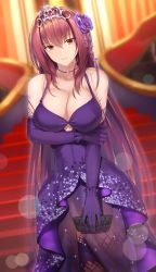 Rule 34 | 1girl, arm under breasts, bare shoulders, blurry, blurry background, breasts, cleavage, closed mouth, collarbone, dress, elbow gloves, fate/grand order, fate (series), feng mouren, flower, gloves, hair between eyes, hair flower, hair intakes, hair ornament, heroic spirit formal dress, highres, large breasts, long hair, looking at viewer, purple dress, purple gloves, purple hair, red eyes, scathach (fate), scathach (formal dress) (fate), smile, solo, thighs, tiara