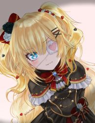 Rule 34 | 1girl, :3, akai haato, akai haato (gothic lolita), artist name, black dress, blonde hair, blue eyes, bow, cameo, commentary, dress, dutch angle, eyepatch, frills, gothic lolita, haaton (akai haato), hair bow, hair ornament, hairclip, heart, heart hair ornament, highres, hololive, jewelry, jun (rellik &amp; redrum), lolita fashion, long hair, looking at viewer, shadow, solo, virtual youtuber