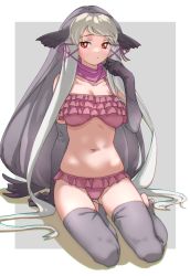 Rule 34 | 1girl, absurdres, animal ears, bare shoulders, bikini, breasts, collarbone, commentary, elbow gloves, frilled bikini, frills, full body, gloves, grey gloves, grey hair, grey thighhighs, hair ribbon, highres, kemono friends, large breasts, long hair, looking at viewer, navel, pink bikini, pink ribbon, red eyes, ribbon, simple background, sitting, solo, stirrup legwear, stomach, swimsuit, tanabe (fueisei), thighhighs, toeless legwear, very long hair, walrus (kemono friends), white hair