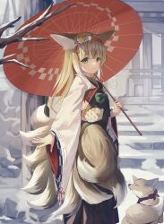 Rule 34 | 1girl, absurdres, amelcia (pyj5341t), animal, animal ear fluff, animal ears, arknights, black hakama, blonde hair, chinese knot, closed mouth, coin purse, commentary, feet out of frame, floral print, flower, fox, fox ears, fox girl, fox tail, from side, green eyes, hair flower, hair ornament, hairband, hakama, hakama skirt, highres, japanese clothes, kimono, kitsune, kyuubi, long hair, long sleeves, looking at viewer, multicolored hair, multiple tails, obi, official alternate costume, oil-paper umbrella, outdoors, pinwheel, pleated skirt, red hairband, red umbrella, sash, skirt, smile, snow, solo, standing, suzuran (arknights), suzuran (yukibare) (arknights), tail, tassel, two-tone hair, umbrella, white hair, white kimono, wide sleeves, yagasuri