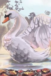 Rule 34 | animal focus, autumn leaves, bird, commentary, english commentary, gabee schoenherr, highres, no humans, original, realistic, signature, solo, swan, water